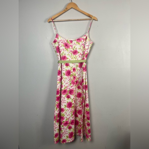 Coldwater creek white and pink rose printed midi length tie dress size 12 P - Picture 4 of 7